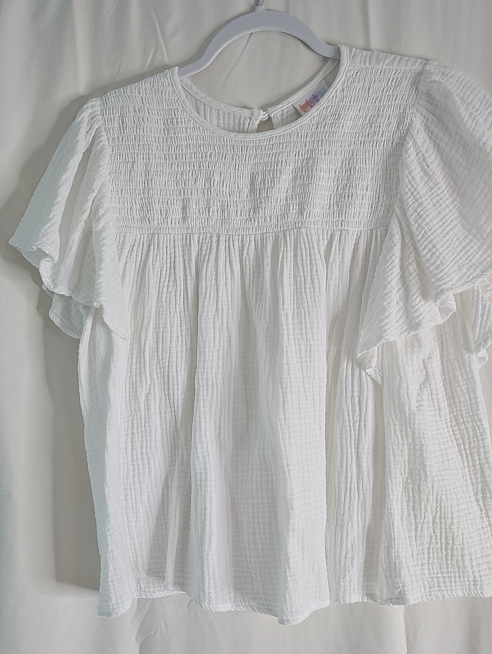 LuLaRoe White Smocked Flutter Sleeve Blouse